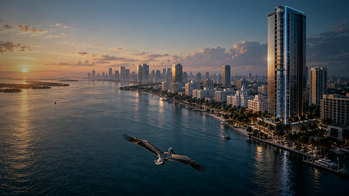 An imagined glass tower overlooking the ocean at sunrise